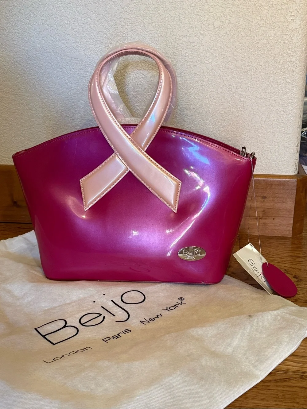 Beijo Hot Pink Patent Tote with Light Pink Ribbon Handles